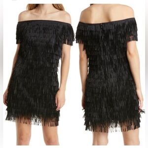 NWT SHO Fringe Off The Shoulders Black Mini Dress Size 8